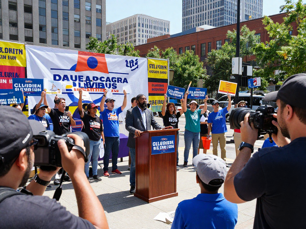 Engaging scene of a political candidate speaking about radio advertising for political campaigns at an urban rally.