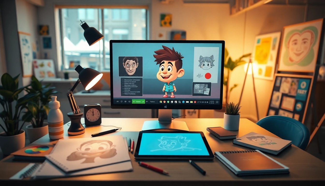 Animation Erstellen in einem modernen Arbeitsplatz mit kreativen Werkzeugen und Charakterdesign.