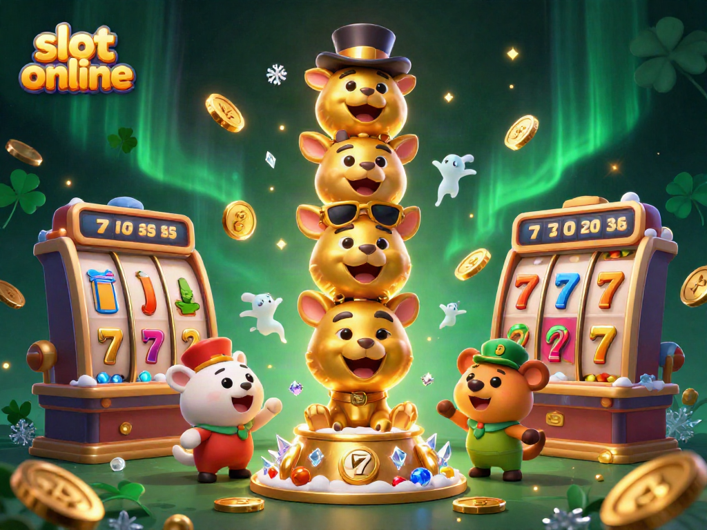 Permainan slot online dengan jackpot tinggi serta simbol keberuntungan di latar belakang ilustrasi digital 3D.