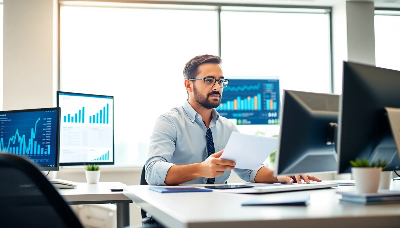 Improve Clearwater FL SEO with a professional consultant analyzing data in a modern office.