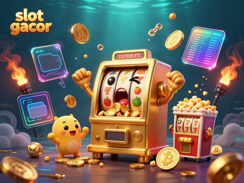 Slot gacor mesin slot emas meraih jackpot dengan koin berhamburan, suasana ceria penuh warna