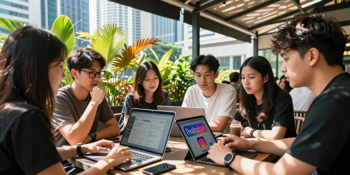 Building your brand in Instagram KL through a vibrant café meeting, showcasing young professionals strategizing social media content.