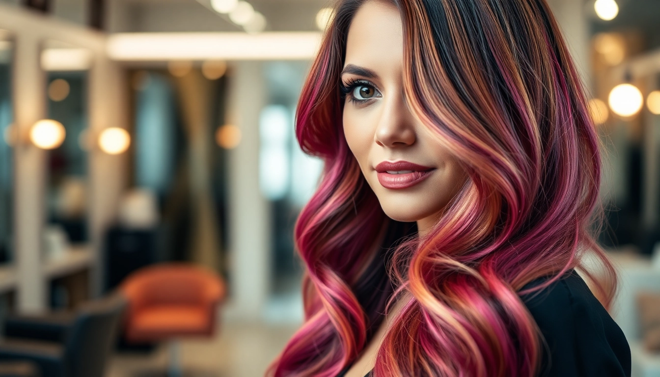 Model showcasing genius weft hair extensions in beautifully styled soft waves against a bright salon backdrop.