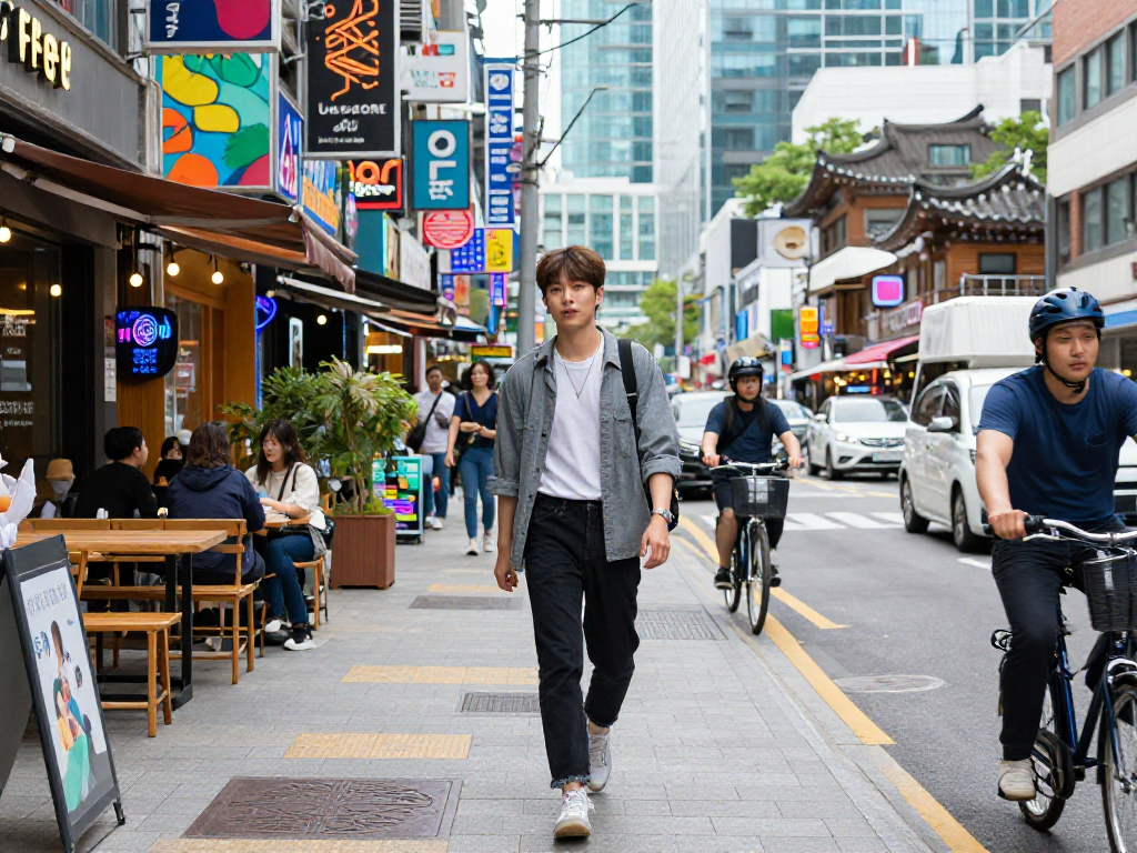 강남 달토의 바쁜 거리에서 자신감 있게 걷는 젊은 성인