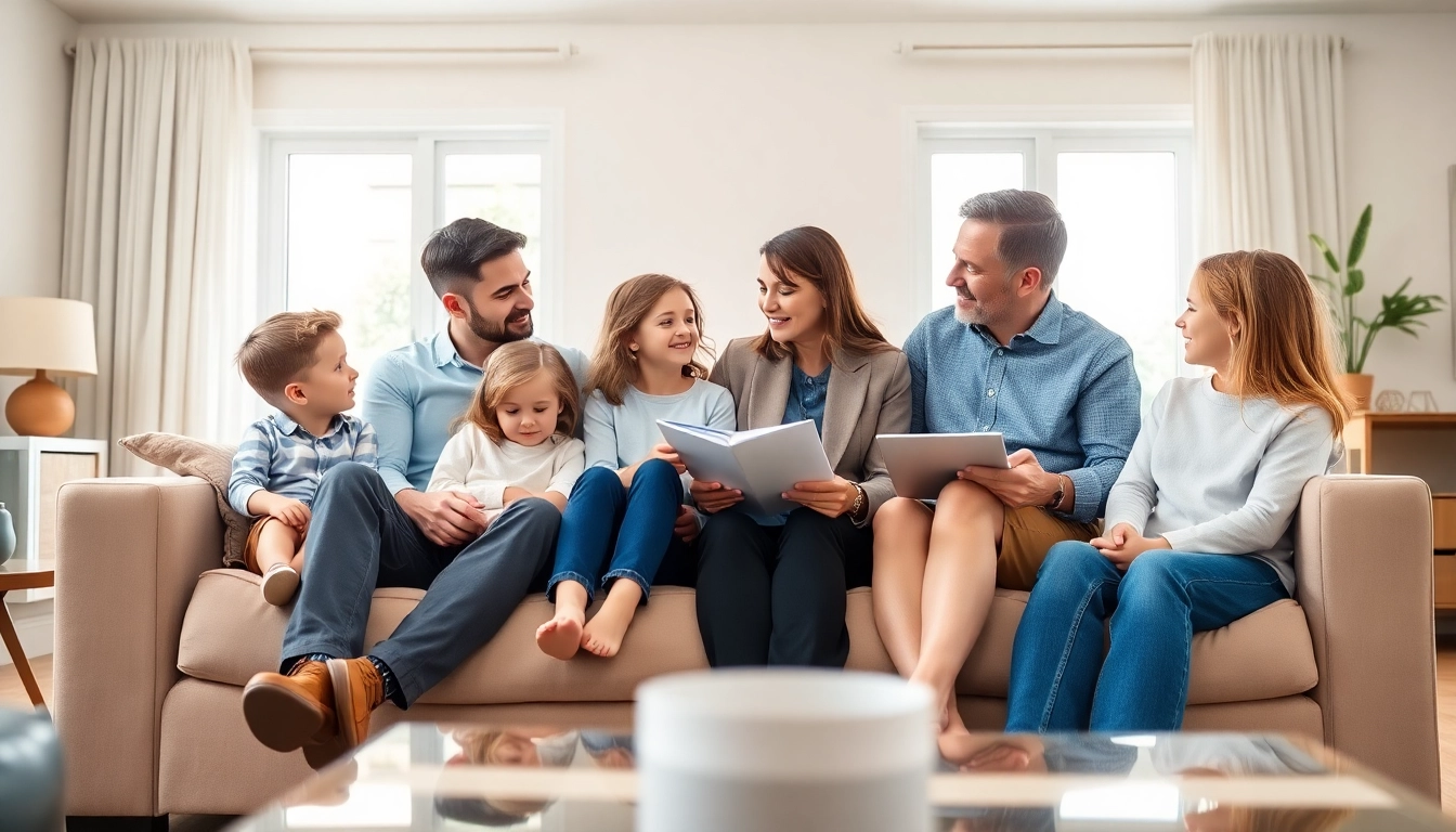 Show family discussing auto and home protection plans in a cozy living room.