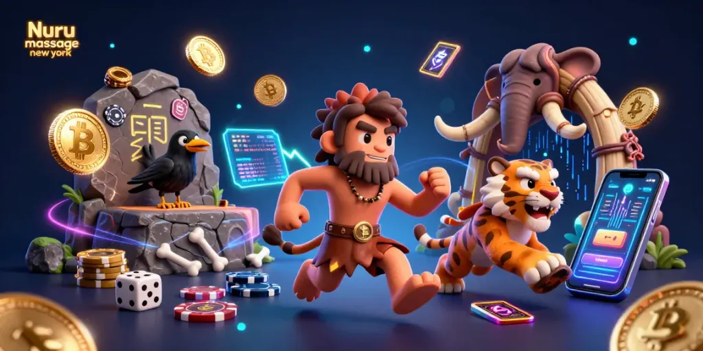 Nuru massage new york scene featuring caveman and sabertooth tiger in a playful gaming context, surrounded by vibrant elements.