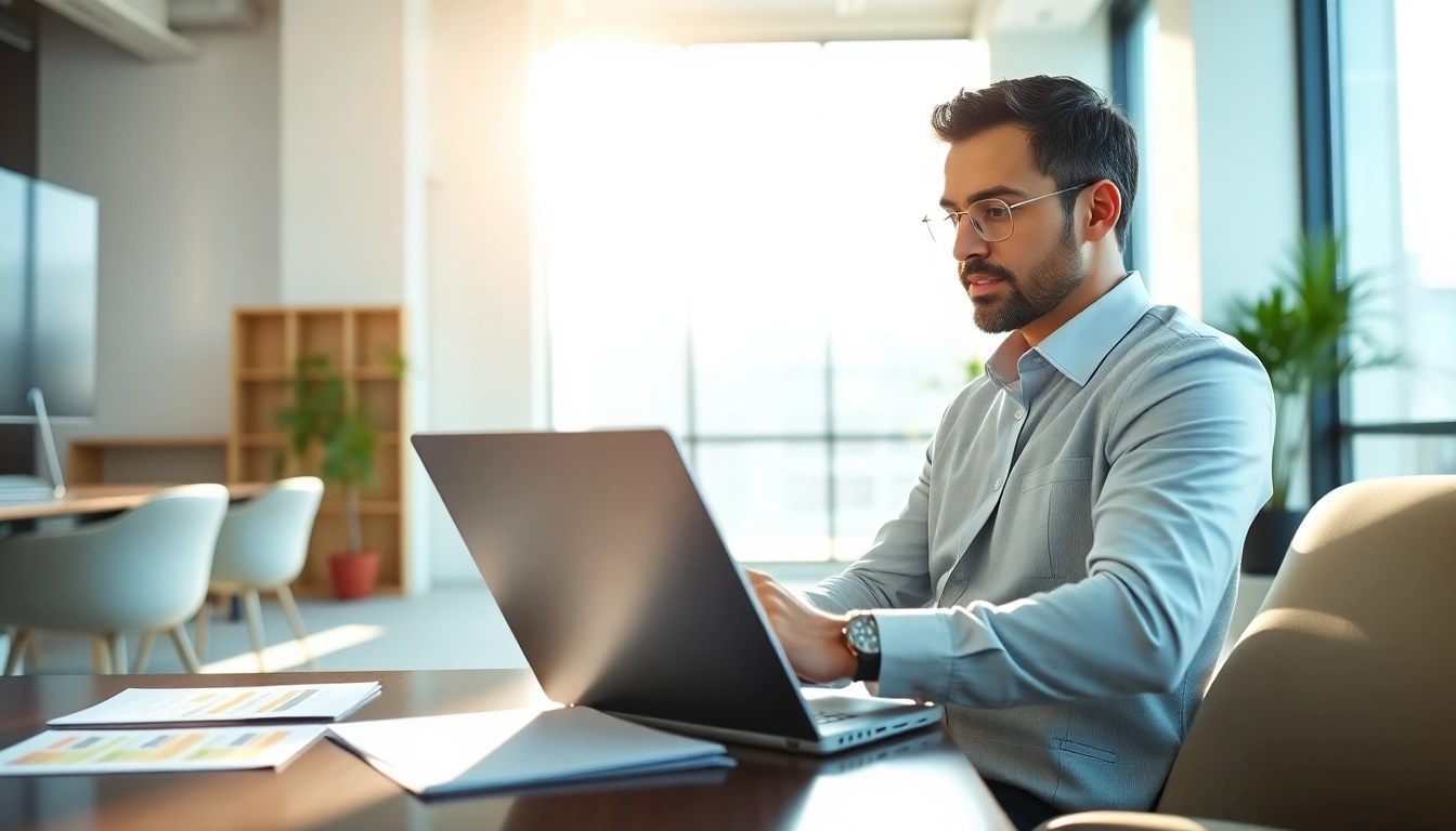 Consultant analyzing Federal and State contracts and grants in a modern office.