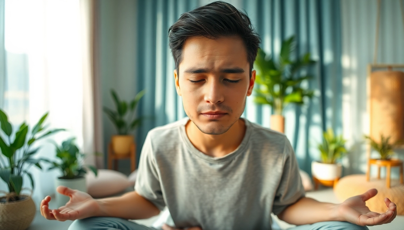 Anxiety symptoms depicted through a meditating person in a soothing therapy room, expressing emotions.