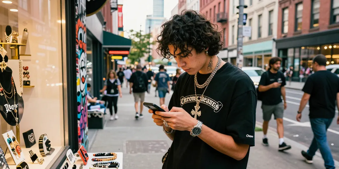Chic individual showcasing Chrome Hearts Kakobuy fashion in a vibrant urban street scene.
