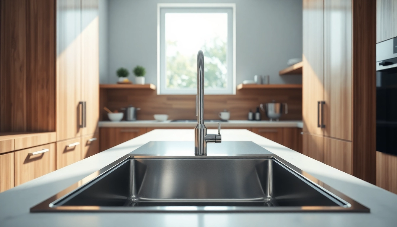 Stainless steel sink featured in a modern kitchen with bright natural lighting.