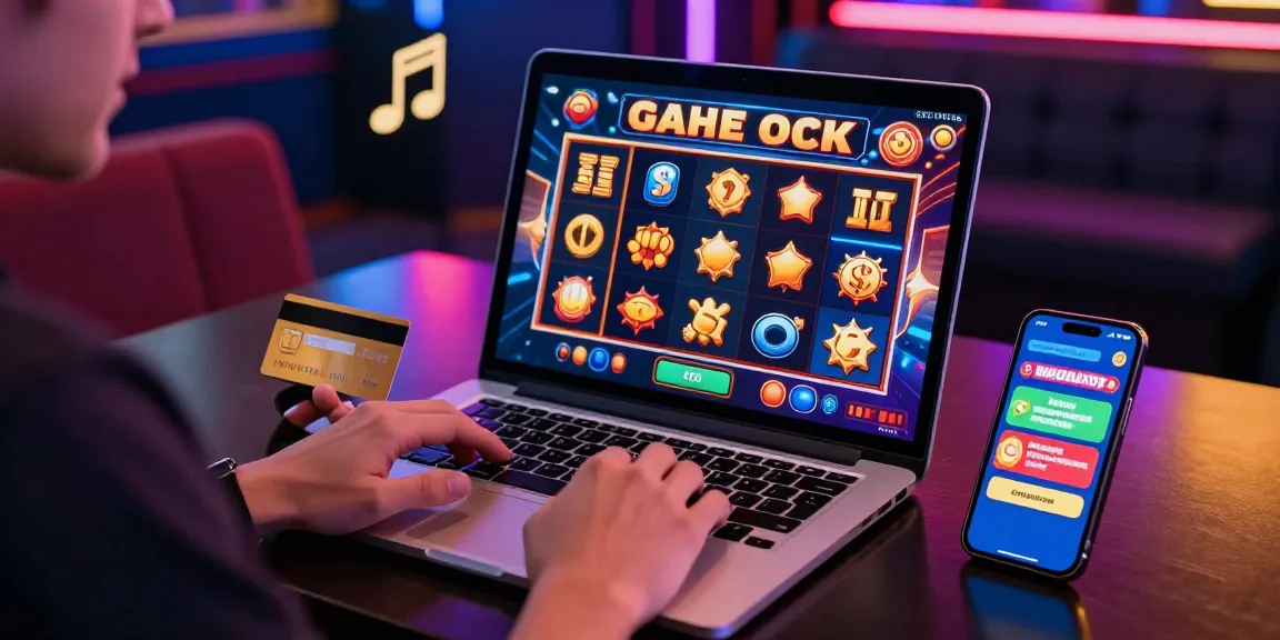 Player enjoying online gaming at casinos that accept credit cards with colorful graphics, credit card ready.