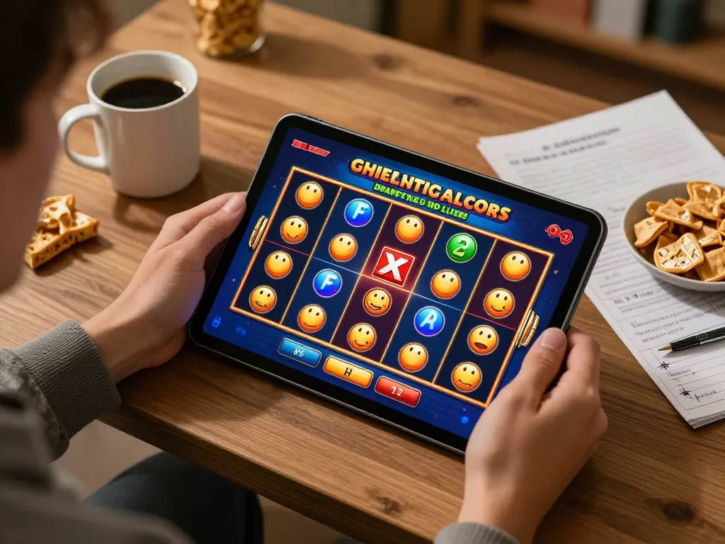Engaging user plays exciting slot game on tablet in cozy home setting.