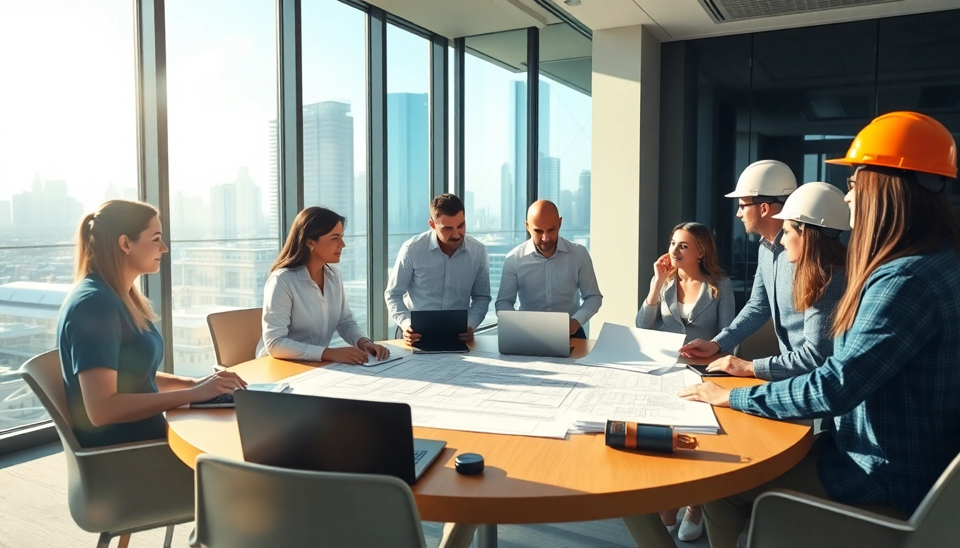 Southern California Contractors Association members discussing plans at a construction meeting.