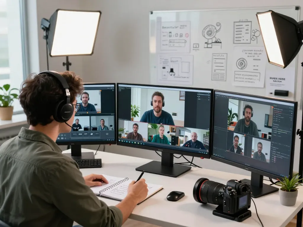 Professional workspace depicting a video to promptgenerator analysis setup, featuring monitors and video content analysis tools.