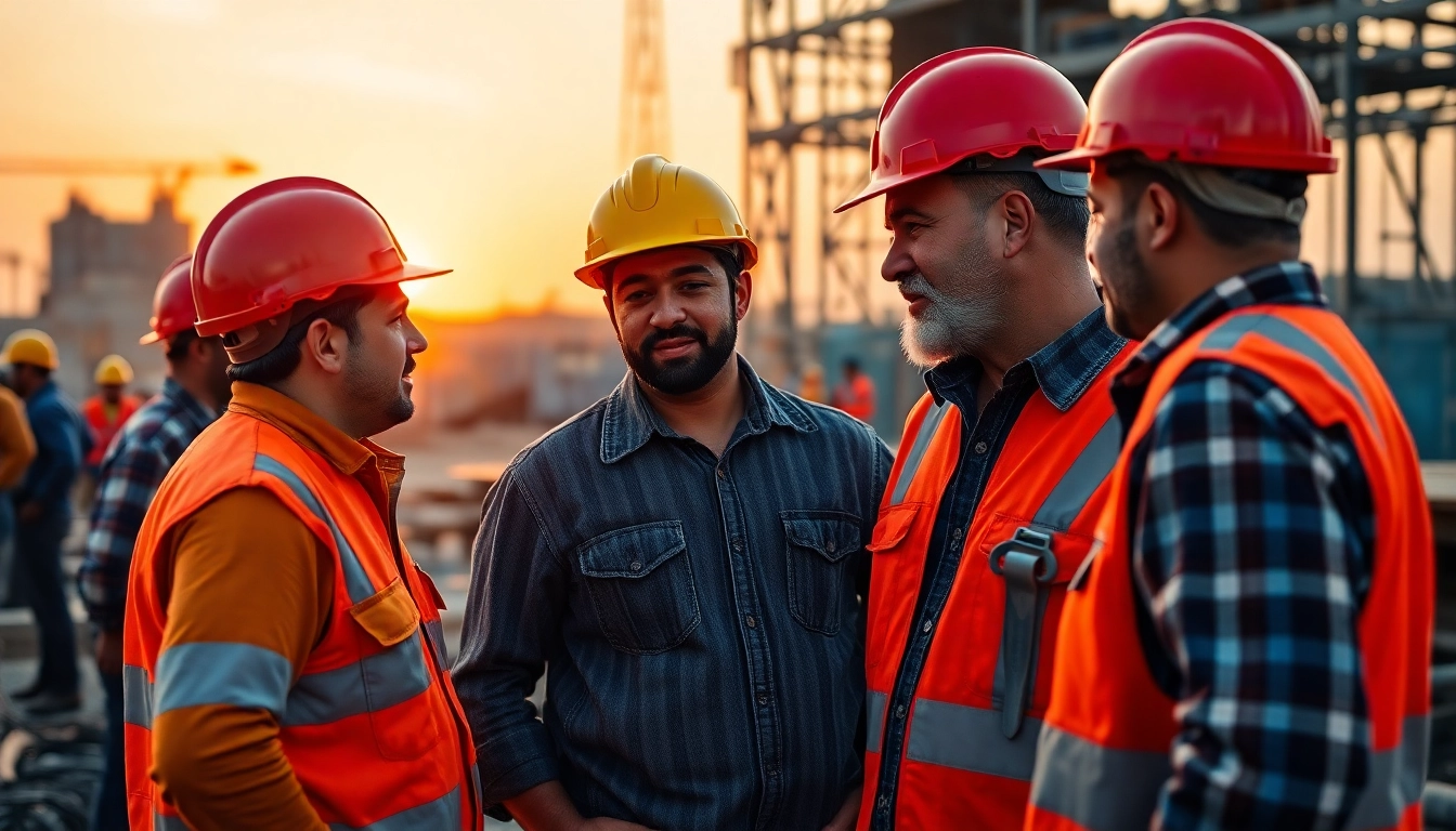 Gorras de trabajo resaltando la unidad en un entorno de construcción.