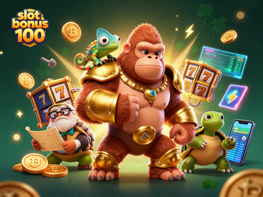 Engage with slot bonus 100 in an epic gaming scene featuring a gorilla king, colorful chameleon, and wise tortoise.