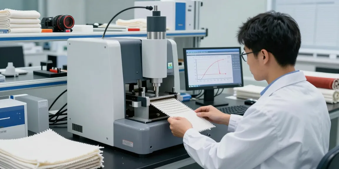 Technician using textile strength tester in modern lab, showcasing high accuracy and safety.