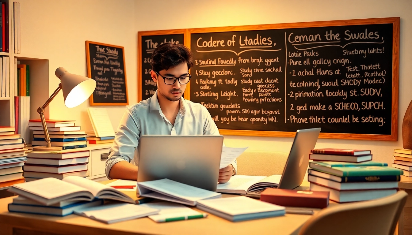 Engaged student in exam preparation, studying at a warm desk with books and notes.