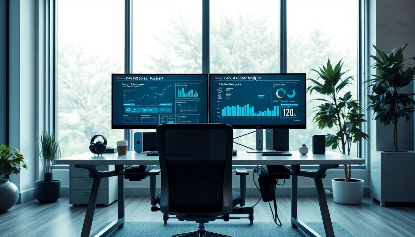 Analyze das 140 data in a modern office space with dual monitors.