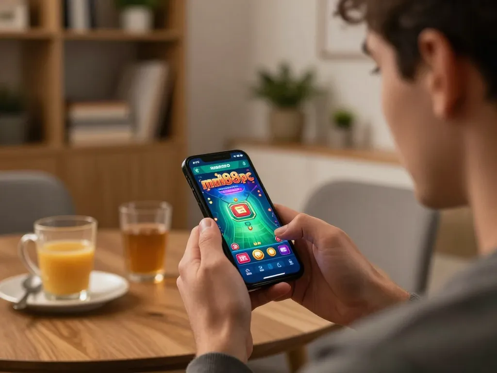 A person engaged with the mm88pc app on their smartphone during a cozy home gaming session.