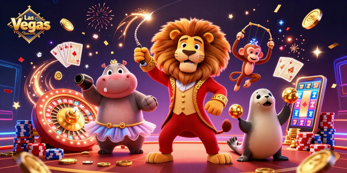 Engage in Las Vegas Corporate Events with an exciting 3D casino-themed illustration of circus characters and gambling elements.