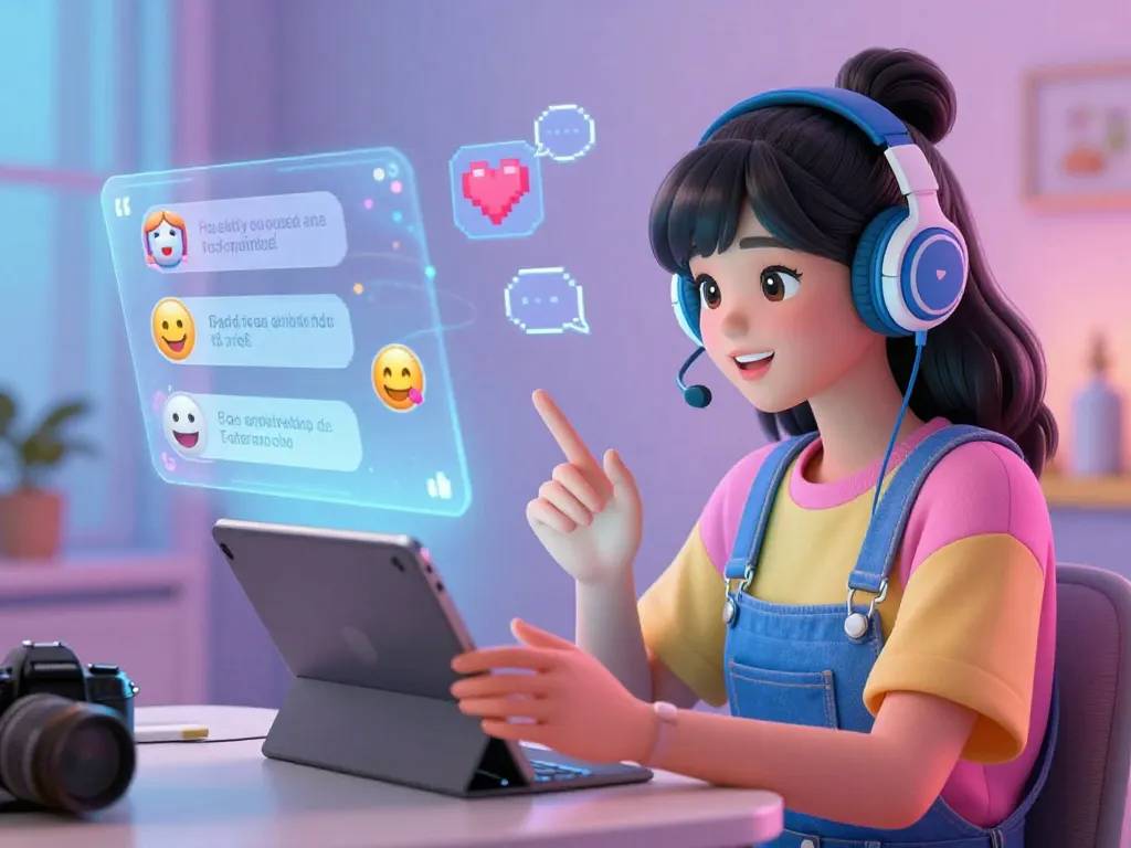 AI girlfriend engaging in playful chat on a digital tablet, immersed in a vibrant virtual space.