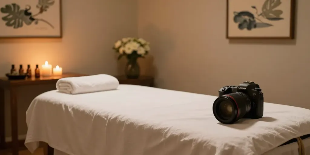 Relaxing atmosphere for 구월동출장마사지 with ambient lighting and massage setup.
