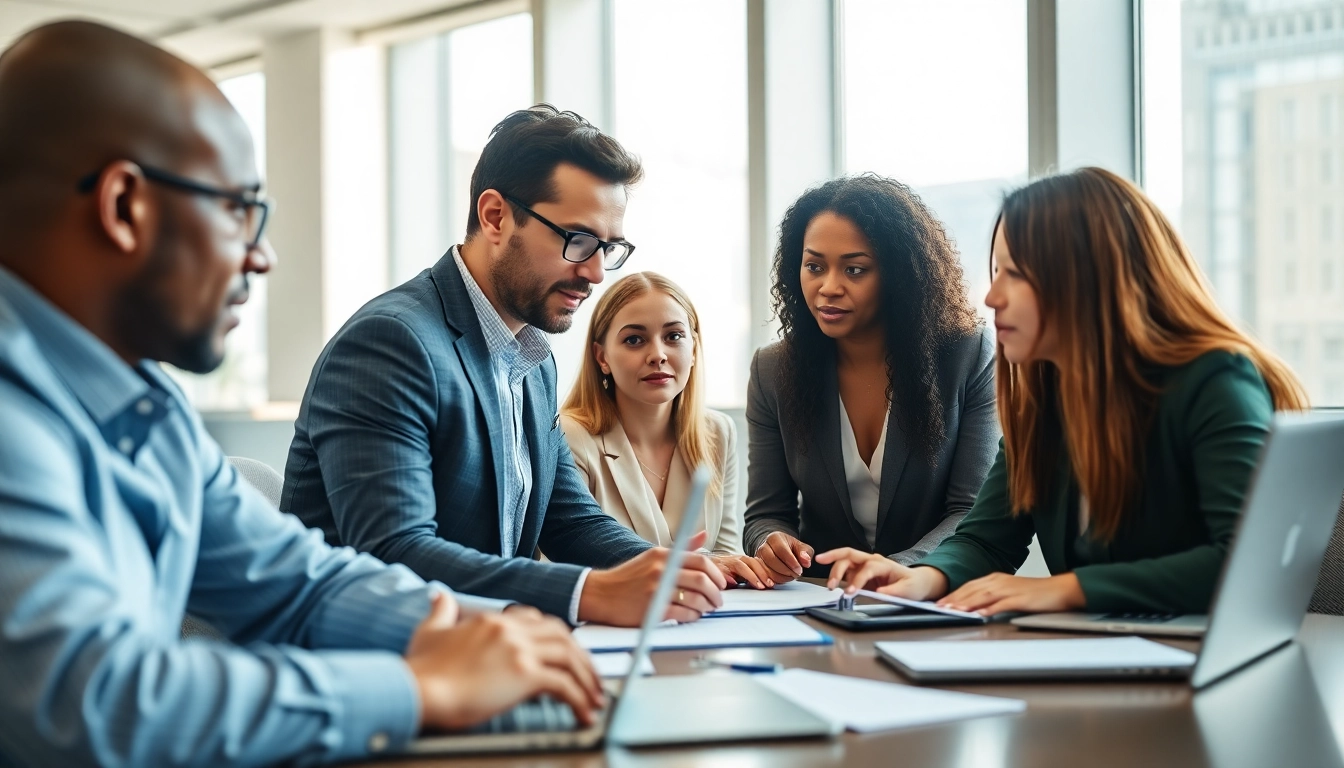 Engaging discussion on standing on business meaning among professionals in a modern meeting room.