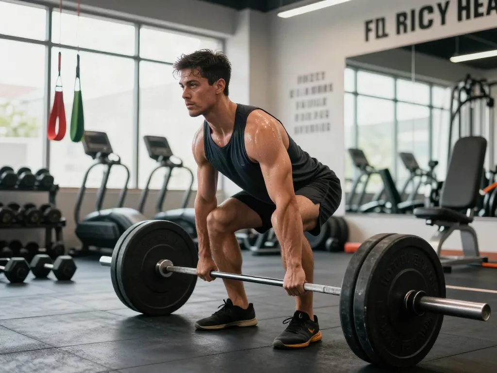 Athletic man lifting weights in a gym, showcasing strength while training with steroidi online for enhanced performance.