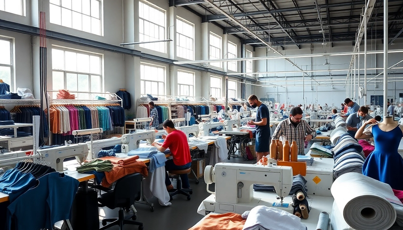 Clothing Manufacturer China producing high-quality garments in a vibrant industrial workshop.