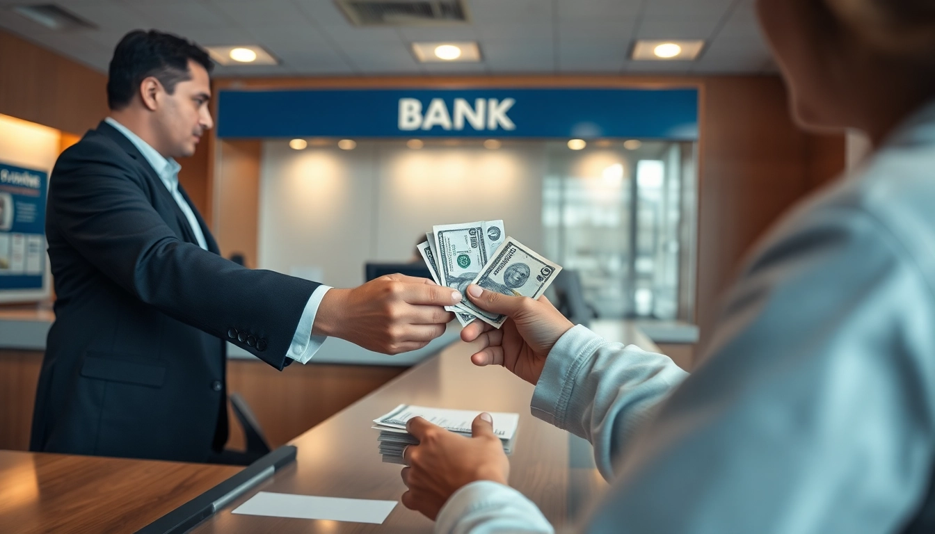 Deposit 1k di bank dengan seseorang menyerahkan uang tunai ke teller bank.