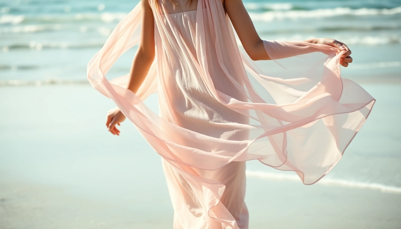 Chiffon jurkje dat elegant waait op een zonnig strand met een fashionmodel.