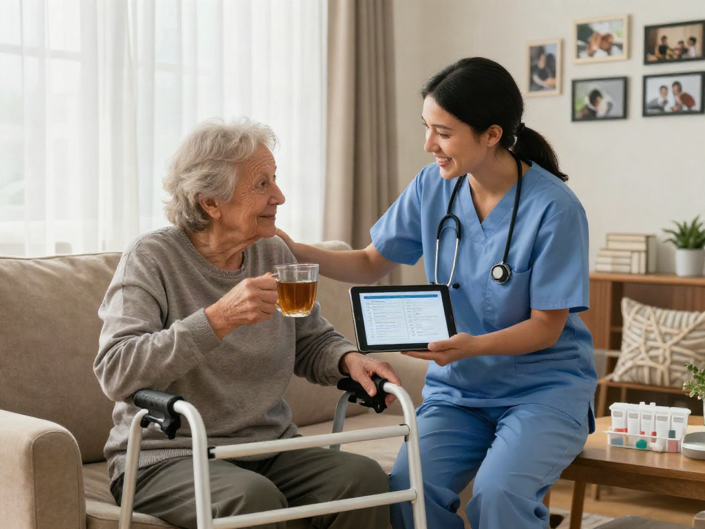 Bonus new member 100 offer showcased through a heartfelt homecare scene with caregiver assisting a senior.