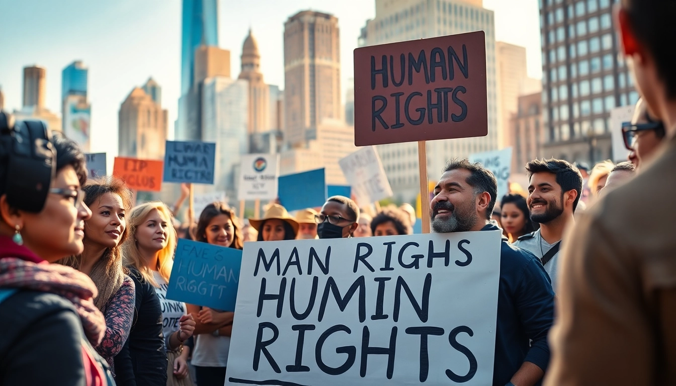 Group advocating for Human Rights, illustrating unity and determination amidst an urban backdrop.