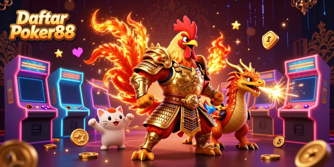 Engaging scene showcasing Daftar Poker88 with a rooster warrior, dragon hatchling, and fortune cat in a vibrant casino