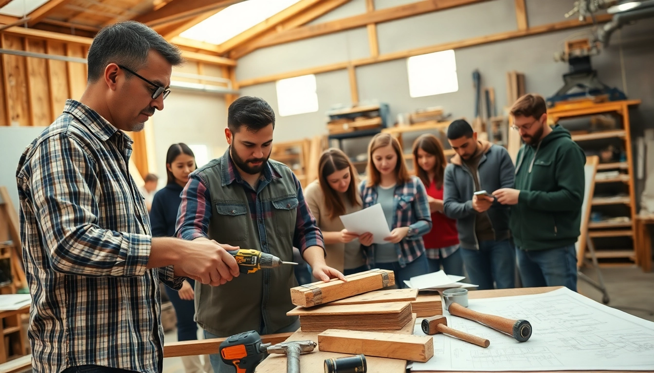 Engaged students in construction craft training learn hands-on skills in a vibrant workshop.