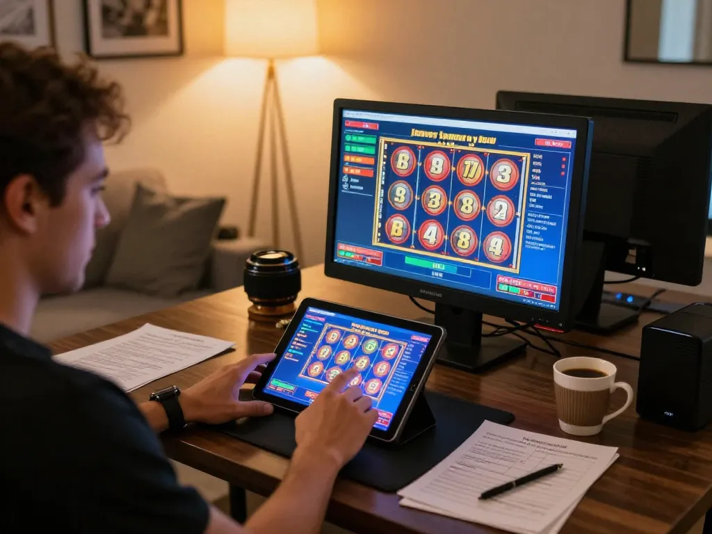 Engaged player exploring slot server kamboja on tablet in cozy home gaming environment.
