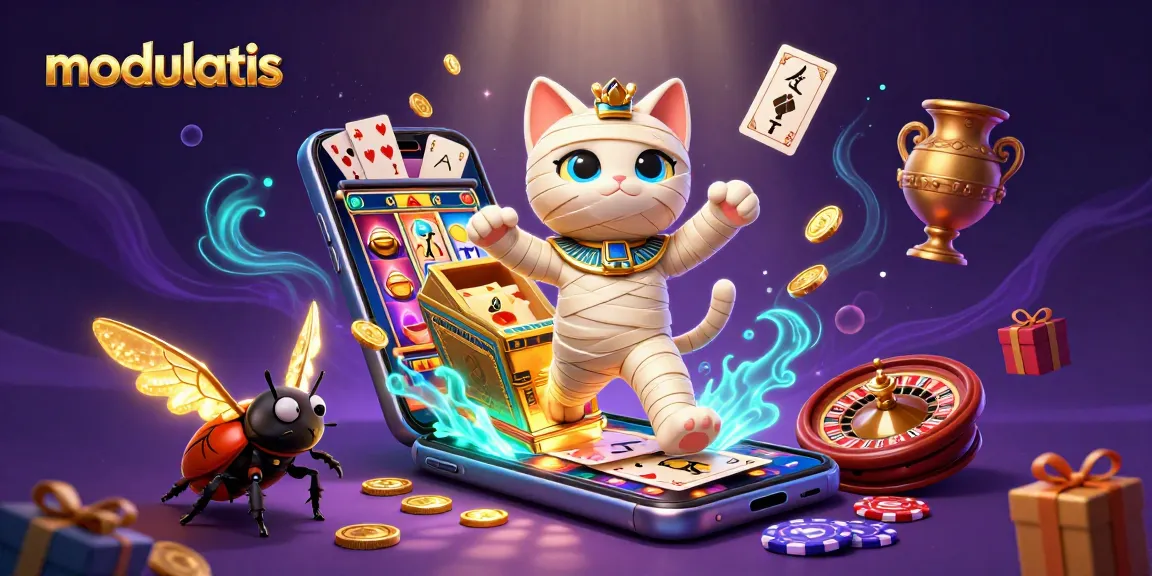 Modulatis menampilkan kucing mumi 3D dan permainan slot interaktif di kasino piramida.
