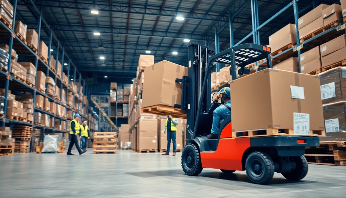 Warehouse workers efficiently managing stock in a busy distribution center.