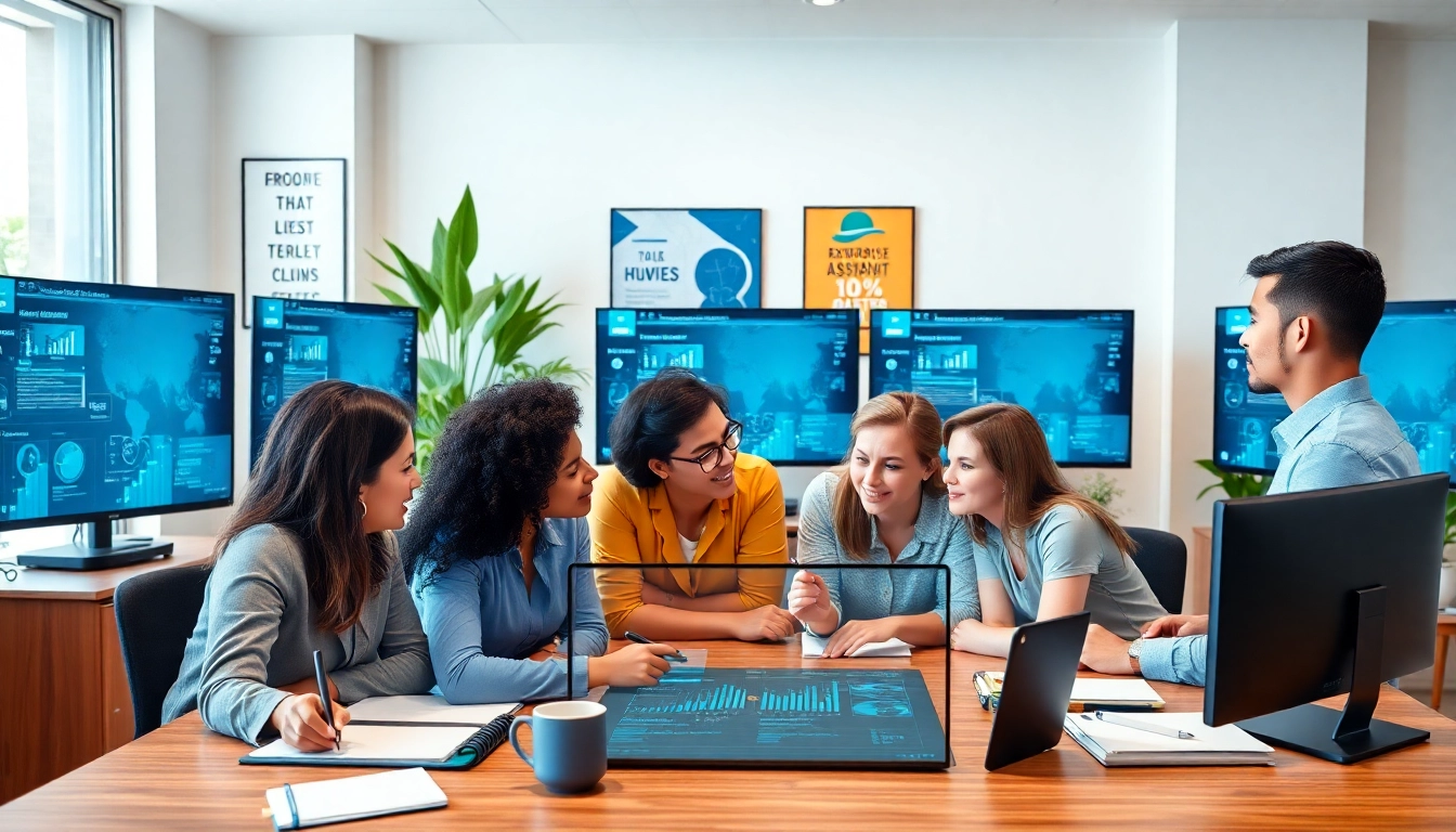 Showcasing enterprise assistant software in a collaborative work environment with diverse professionals.