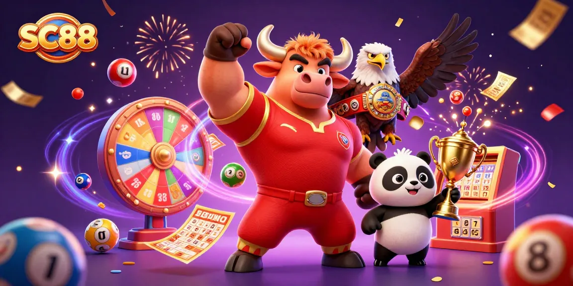 SC88 showcases a bull mascot celebrating with winnings in a vibrant casino scene.