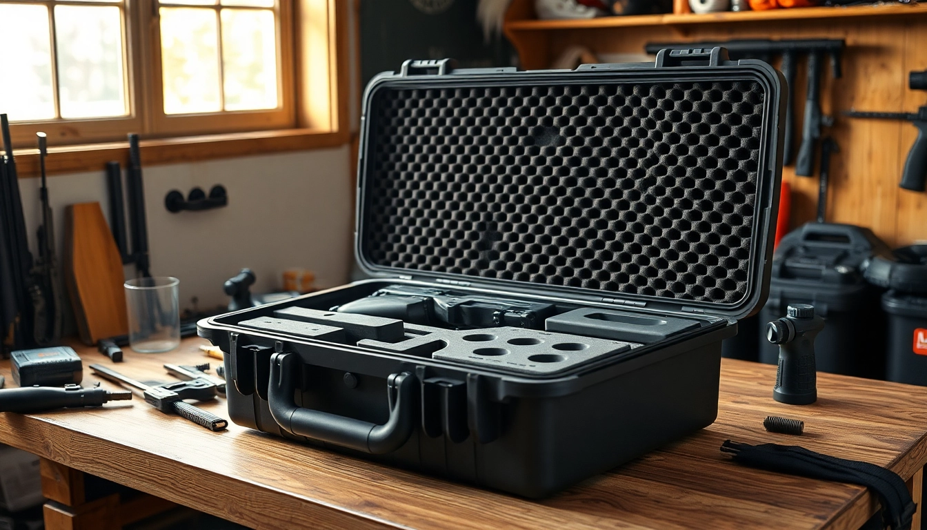 Showcase of a pelican rifle case with organized interior and shooting accessories on a wood workbench.