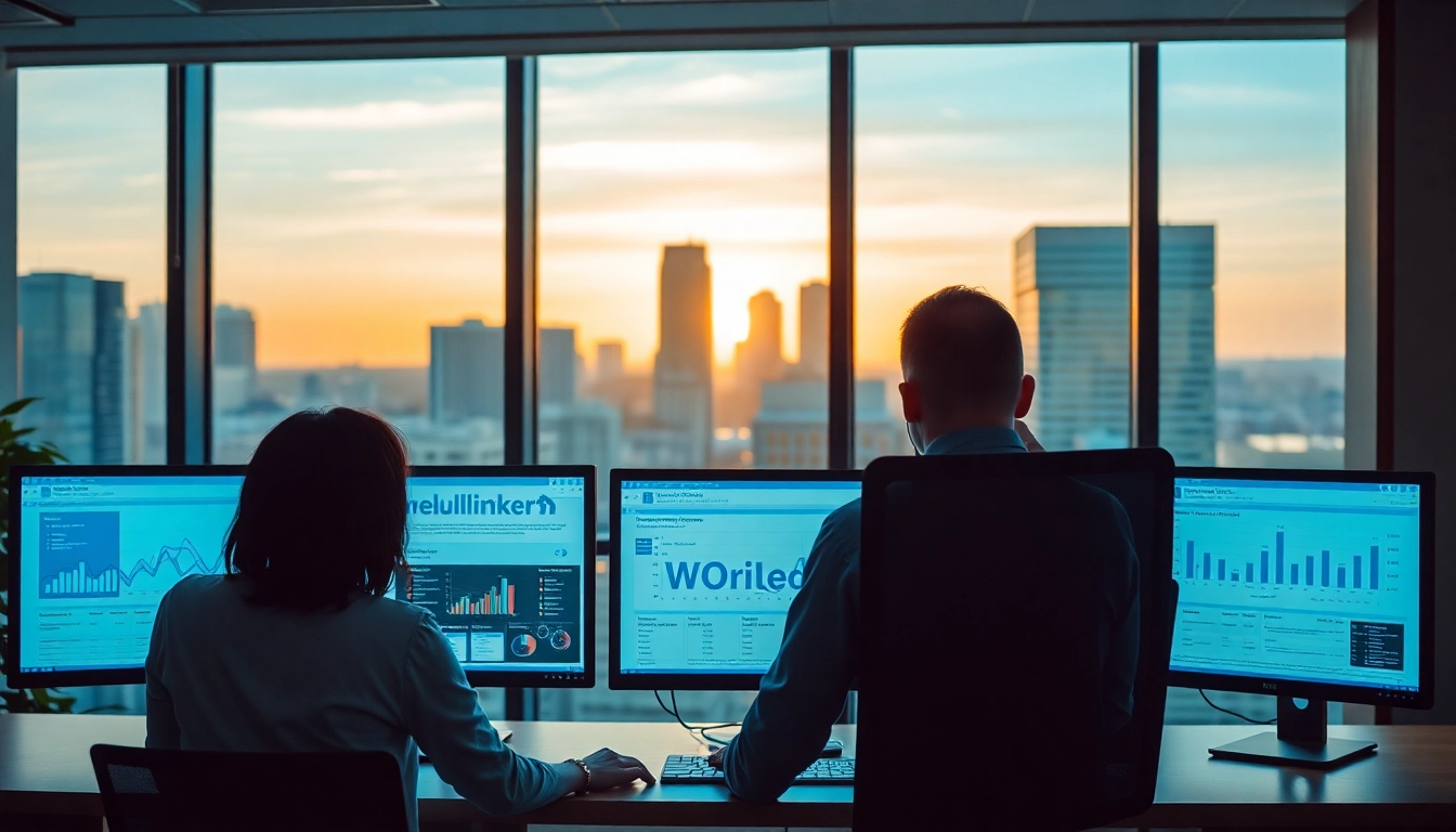 Extracting LinkedIn sales navigator data with professionals analyzing data in a modern office.
