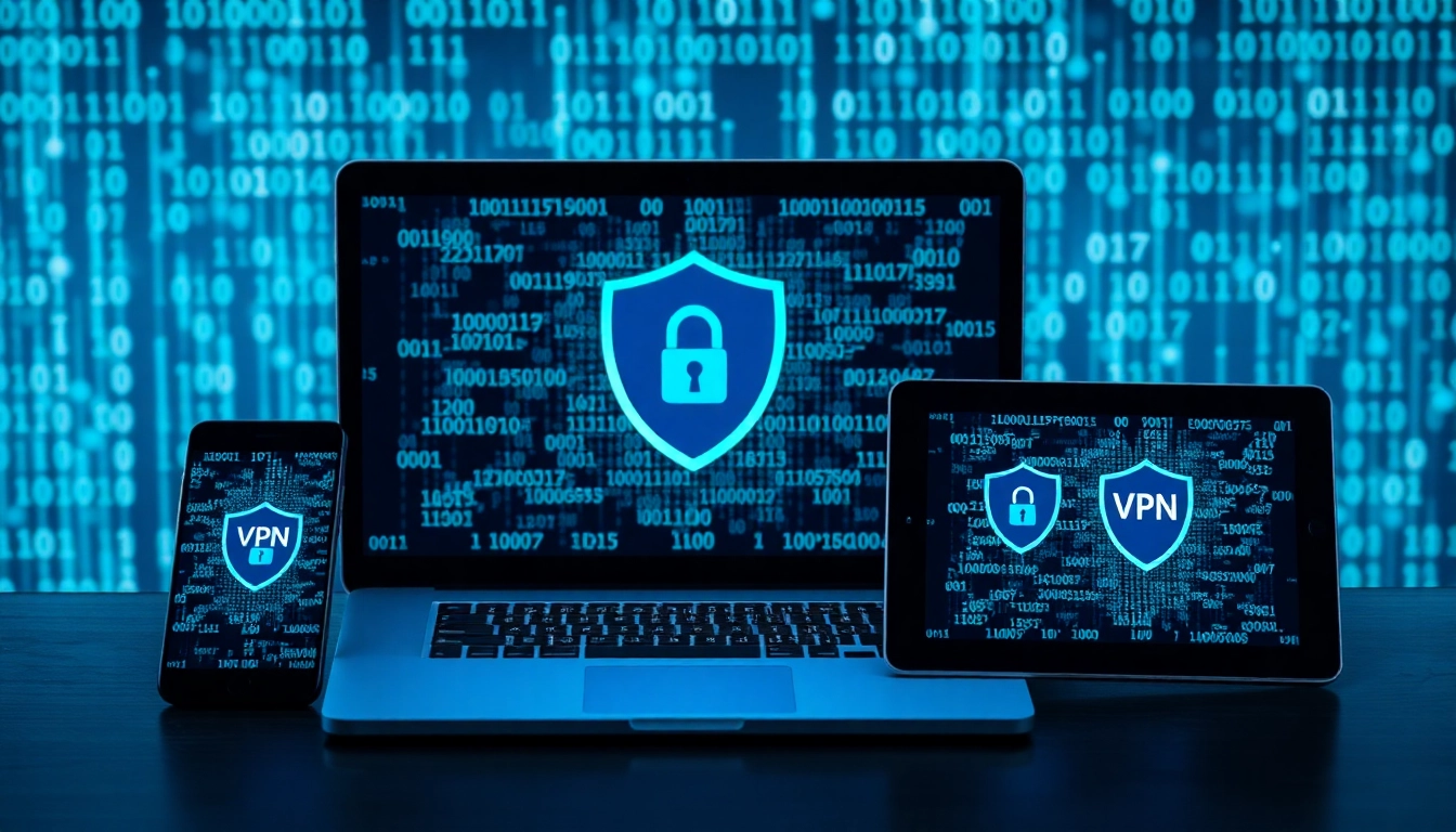 A VPN interface on multiple devices showcasing enhanced online privacy and security features.