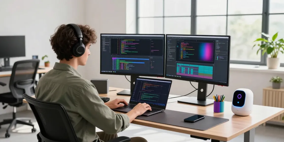 Crushon software developer coding in a modern workspace with vibrant ambiance