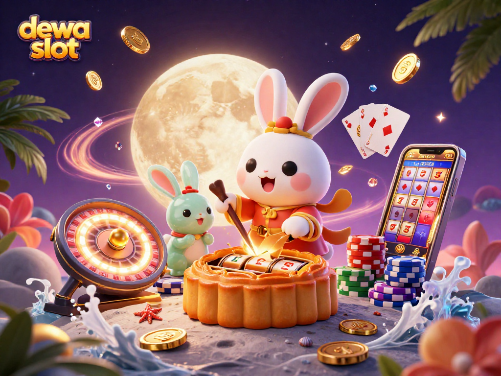 Gambarkan dewa slot yang memukau dengan kelinci bulan tradisional menghancurkan kue bulan dan muncul simbol slot bertema.