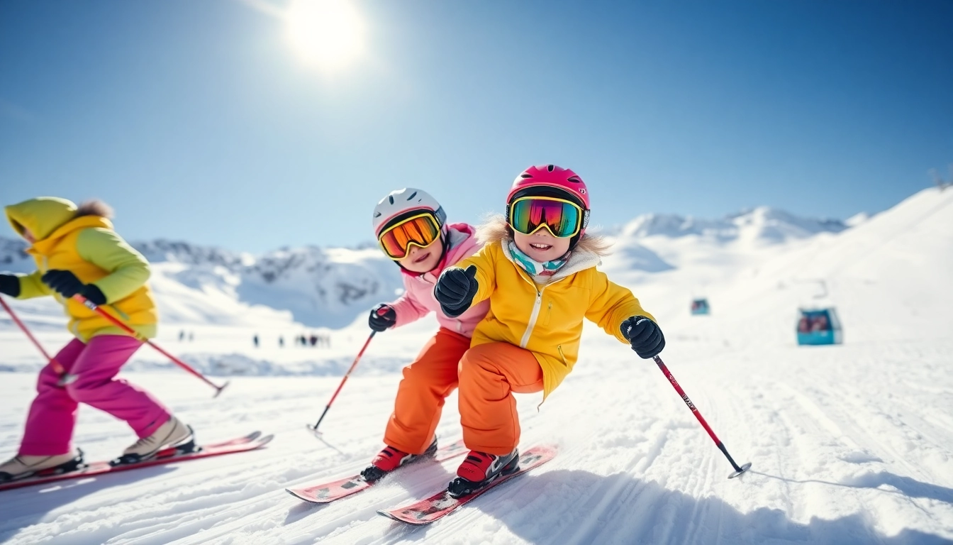 Enjoying kids ski equipment rental while skiing down a picturesque slope