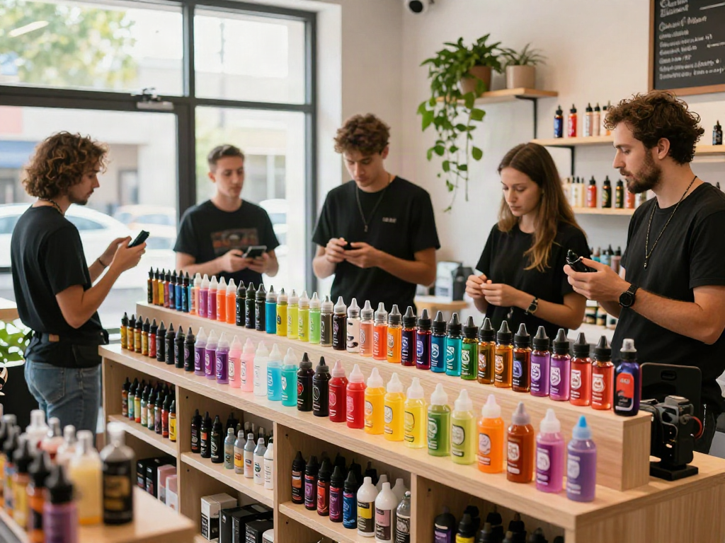 Explore twist eliquid 120ml flavors in a vibrant vape shop with friendly staff and colorful displays
