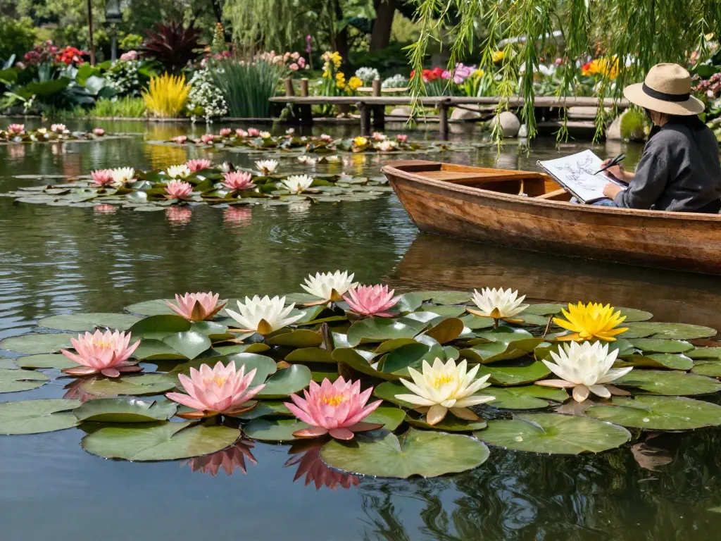 Water Lilies floating on a serene pond with colorful blossoms and lush greenery.