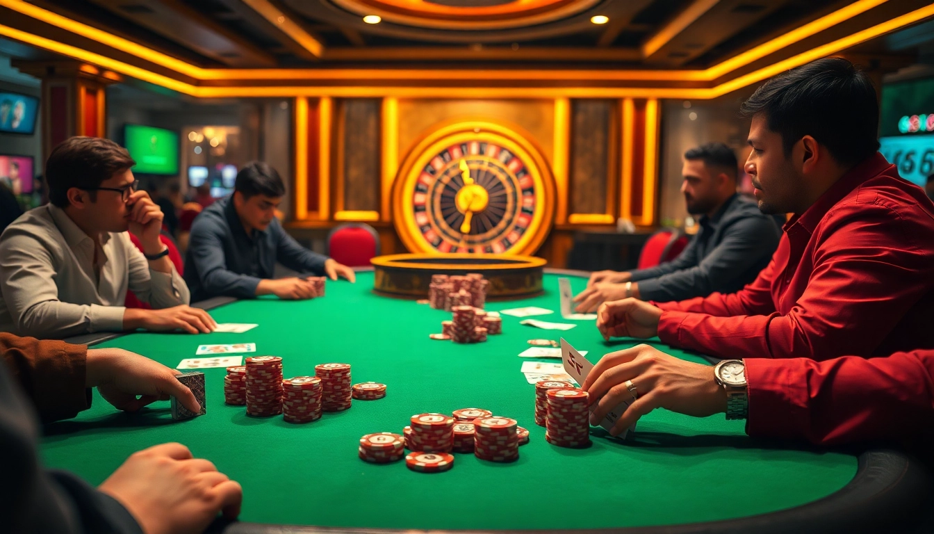 Action-packed moment at the Số Đỏ 66 poker table, showcasing players and chips.